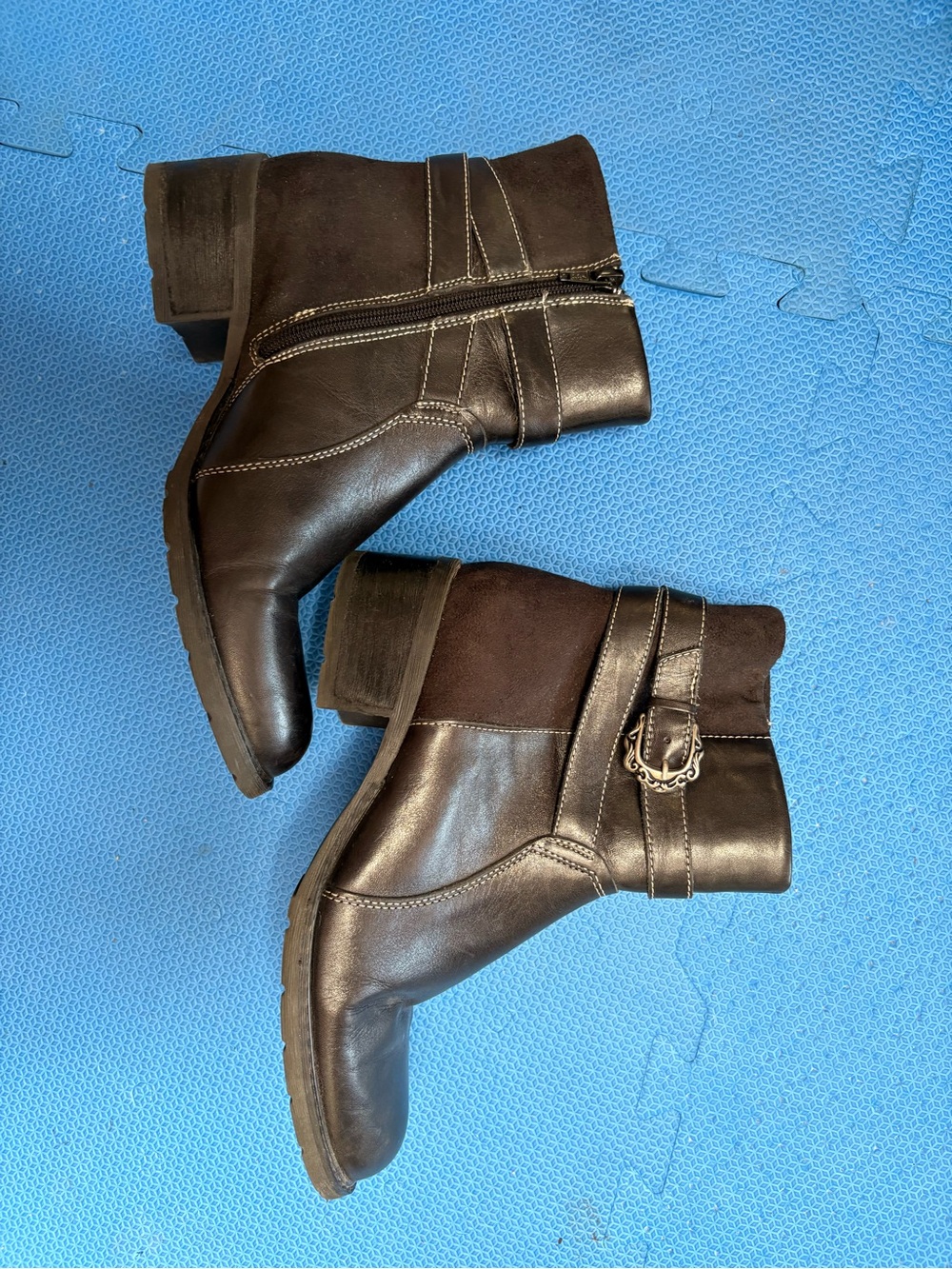 BareTraps Dark Black Leather & Suede Buckle Ankle Boots